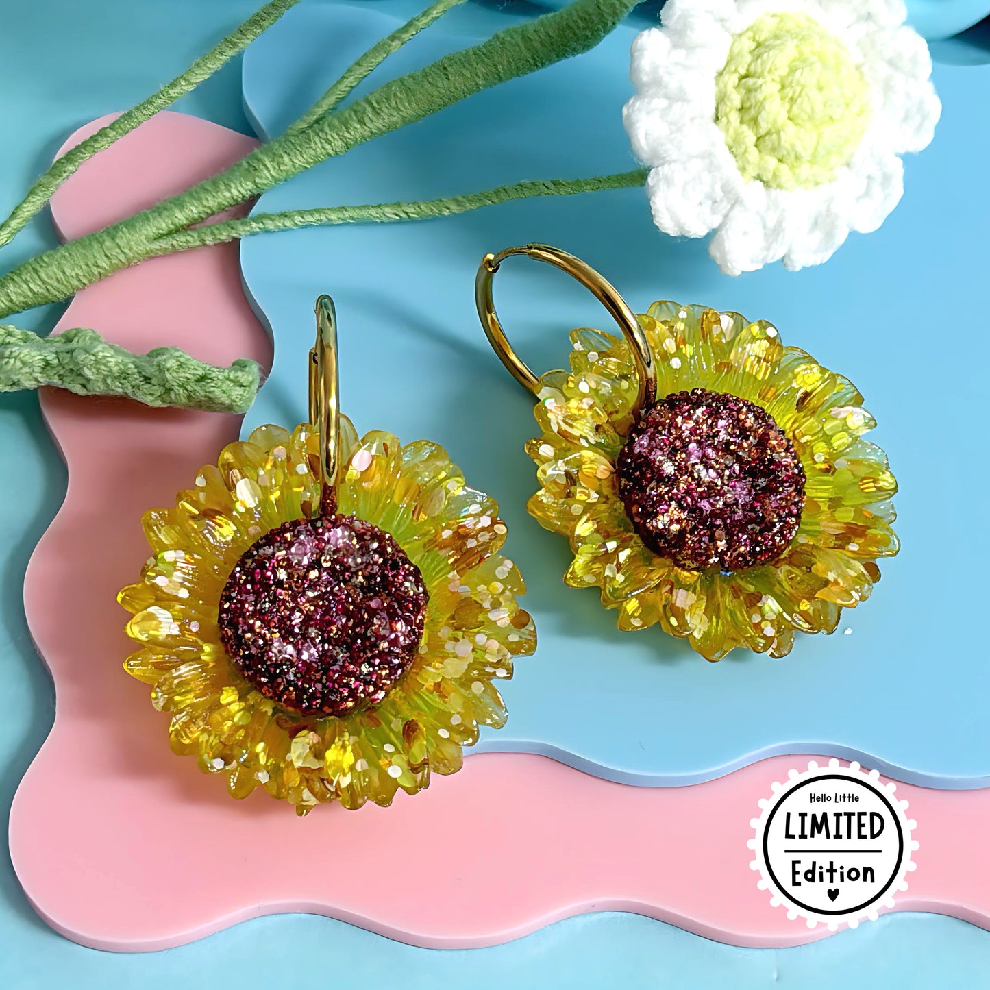 GOLDEN SUNFLOWERS : Handmade Resin DROP Earrings on Huggie Hoops