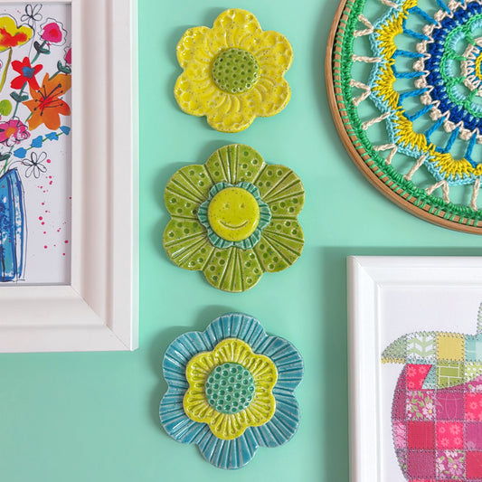 Yellow 💛 Lime 💚 & Teal Green WALLFLOWERS Wall Art : Choose your design : Handmade Ceramic Ornaments by Jo Kealley