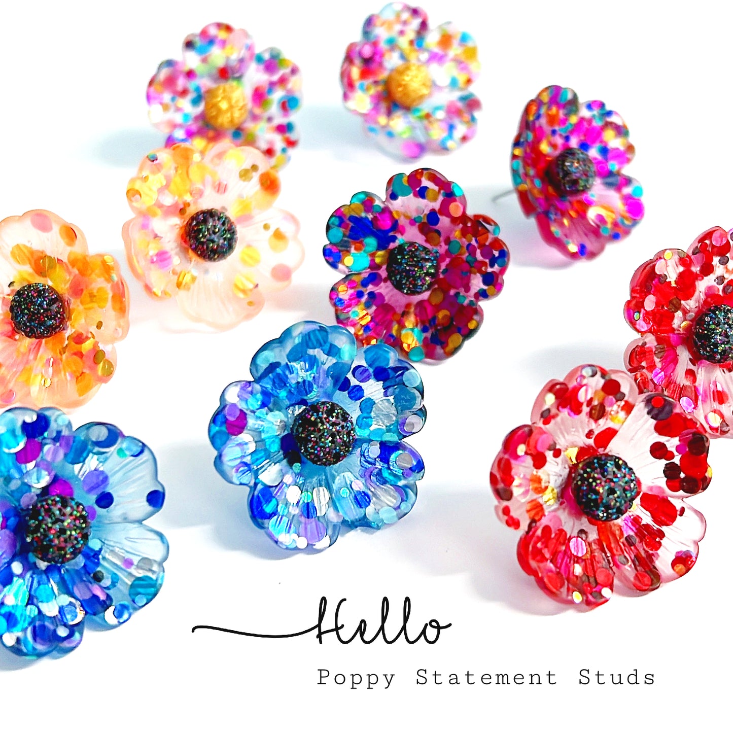 CONFETTI POPPIES : Choose your colour : Handmade Resin STUD Earrings