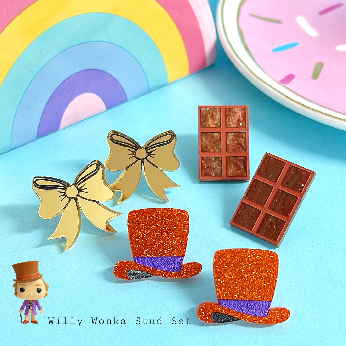 WILLY WONKA STUD EARRING SET : Top Hat, Bow Tie & Chocolate blocks : Handmade Acrylic STUDS