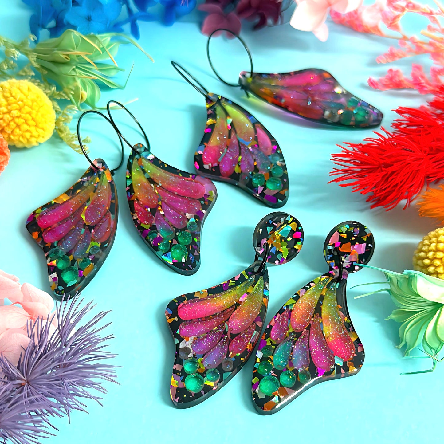 STAINED GLASS EFFECT MAGICAL RAINBOW WINGS : Butterfly Fairy : Handmade Holographic Resin & Acrylic DROP Earrings