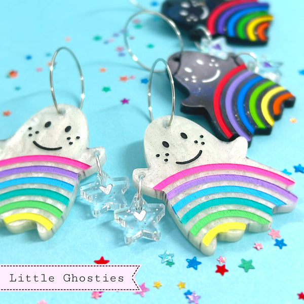 RAINBOW GHOSTIES : Choose your colour : Handpainted Acrylic & ResinDrop Earrings