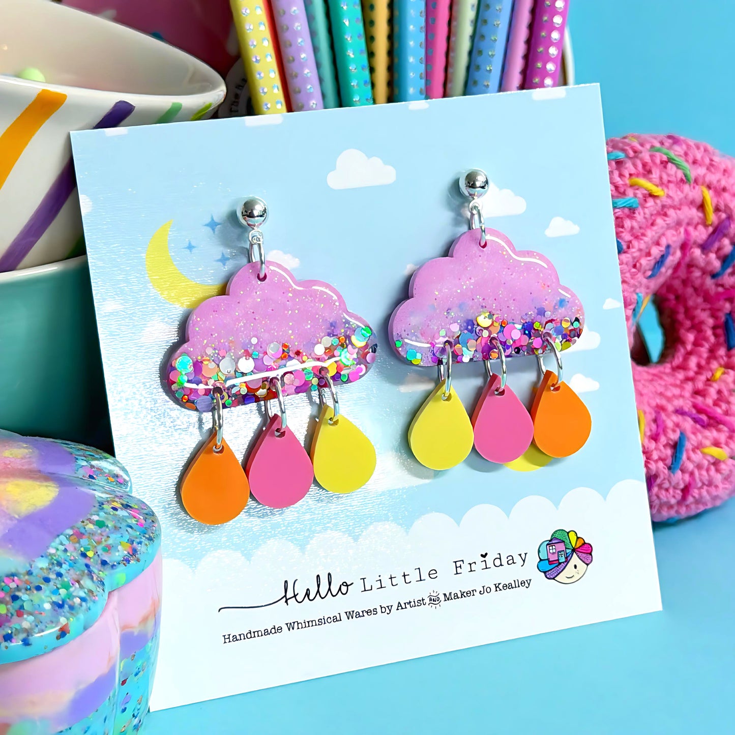 Last pair : RAINBOW CONFETTI CLOUDS : Handmade Resin & Acrylic Drop Earrings