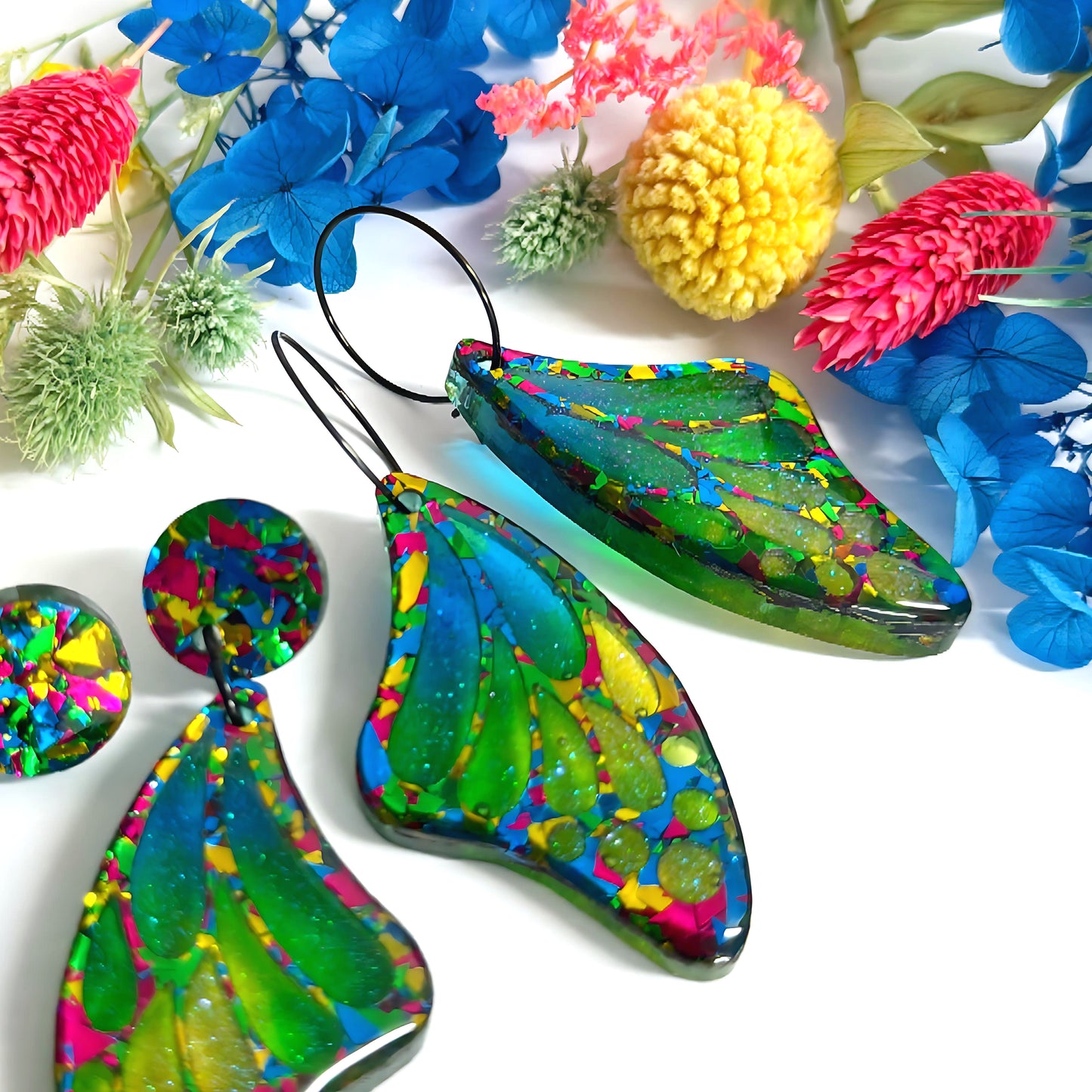 STAINED GLASS EFFECT MAGICAL RAINBOW WINGS : Butterfly Fairy : Handmade Holographic Resin & Acrylic DROP Earrings