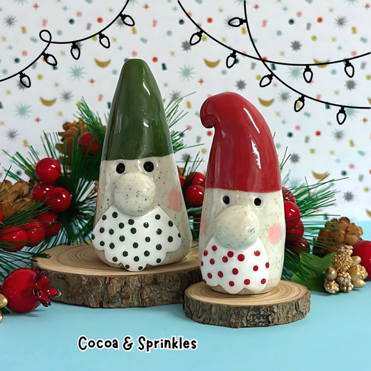 COCOA & SPRINKLES : Santa Gnome PAIR : Handmade Ceramic Whimsies by Jo Kealley