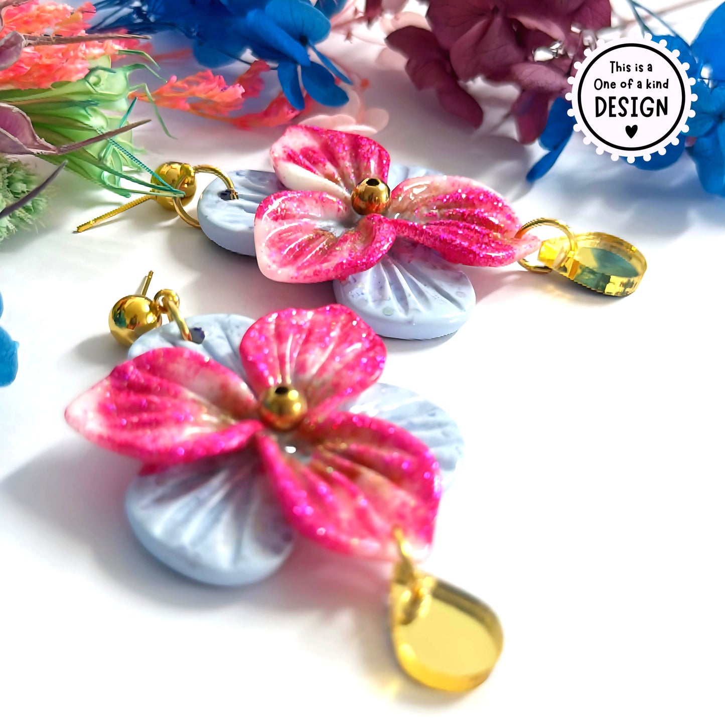 One of a Kind : 3D PANSIES with handset Brass centres : Handmade Resin DROP Earrings