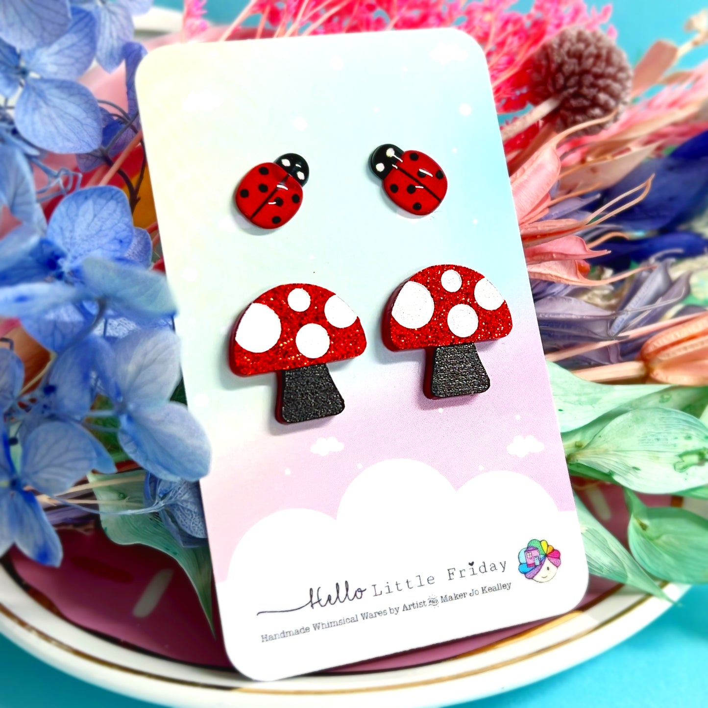 LADYBIRDS & MUSHROOMS SET : Handmade Acrylic STUDS