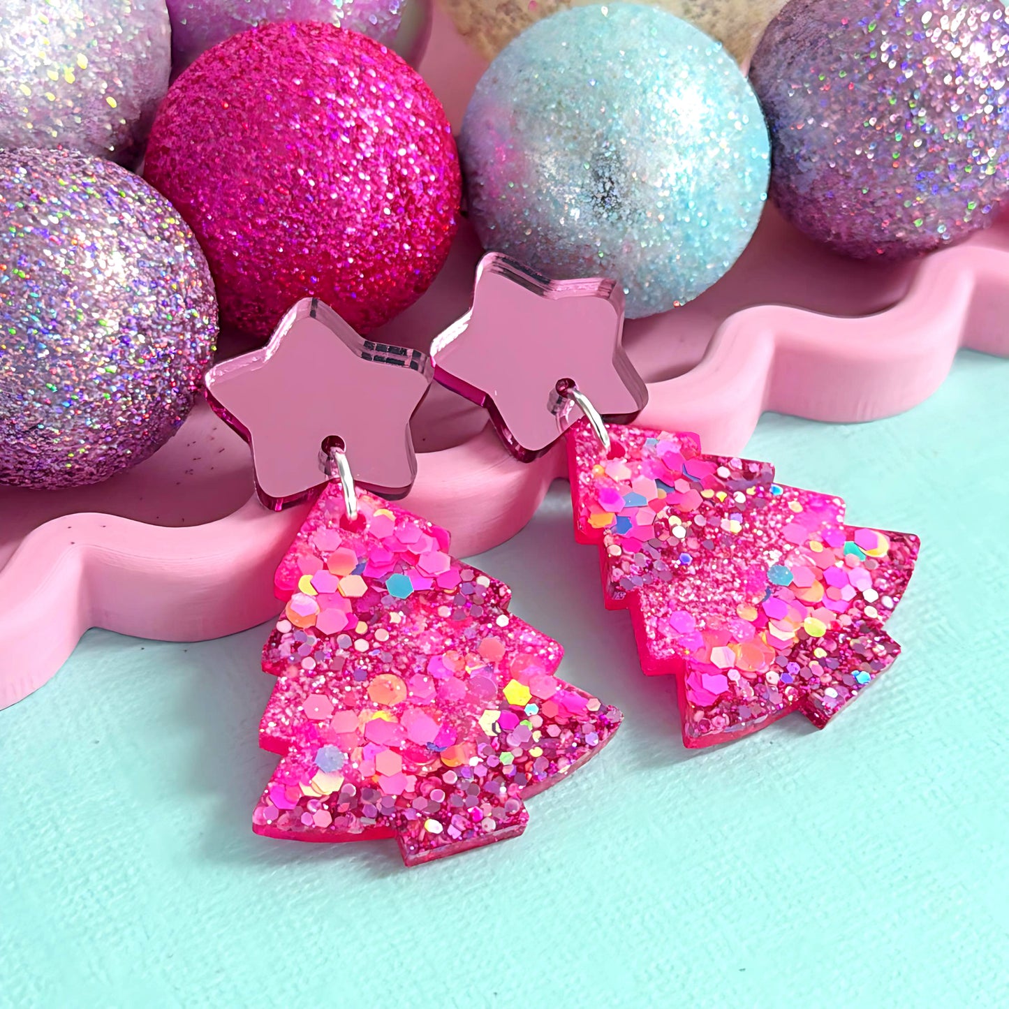 TWINKLING LIGHTS 
: PINK CHRISTMAS TREES : Handmade Resin & Acrylic Stud-top DROP Earrings