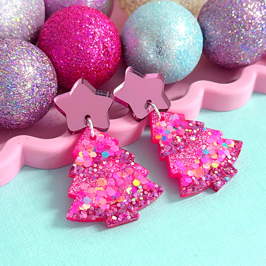 TWINKLING LIGHTS 
: PINK CHRISTMAS TREES : Handmade Resin & Acrylic Stud-top DROP Earrings