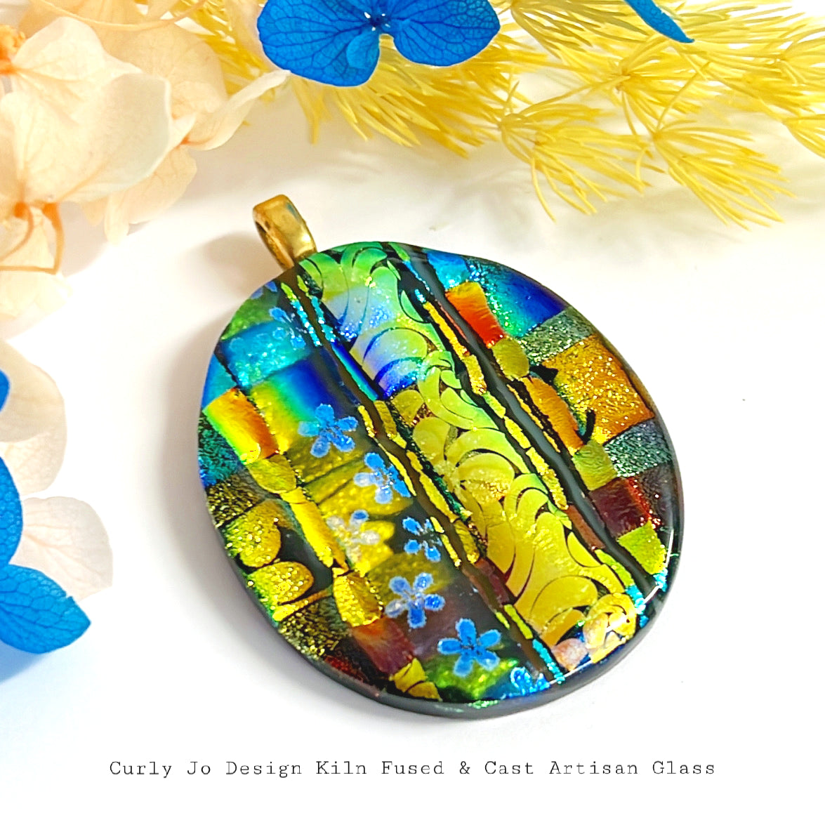 Cobalt Skies textured layers with woven gold aqua cobalt & ultramarine - Handcrafted Artisan Glass Pendant : Kiln-fused Dichroic Glass