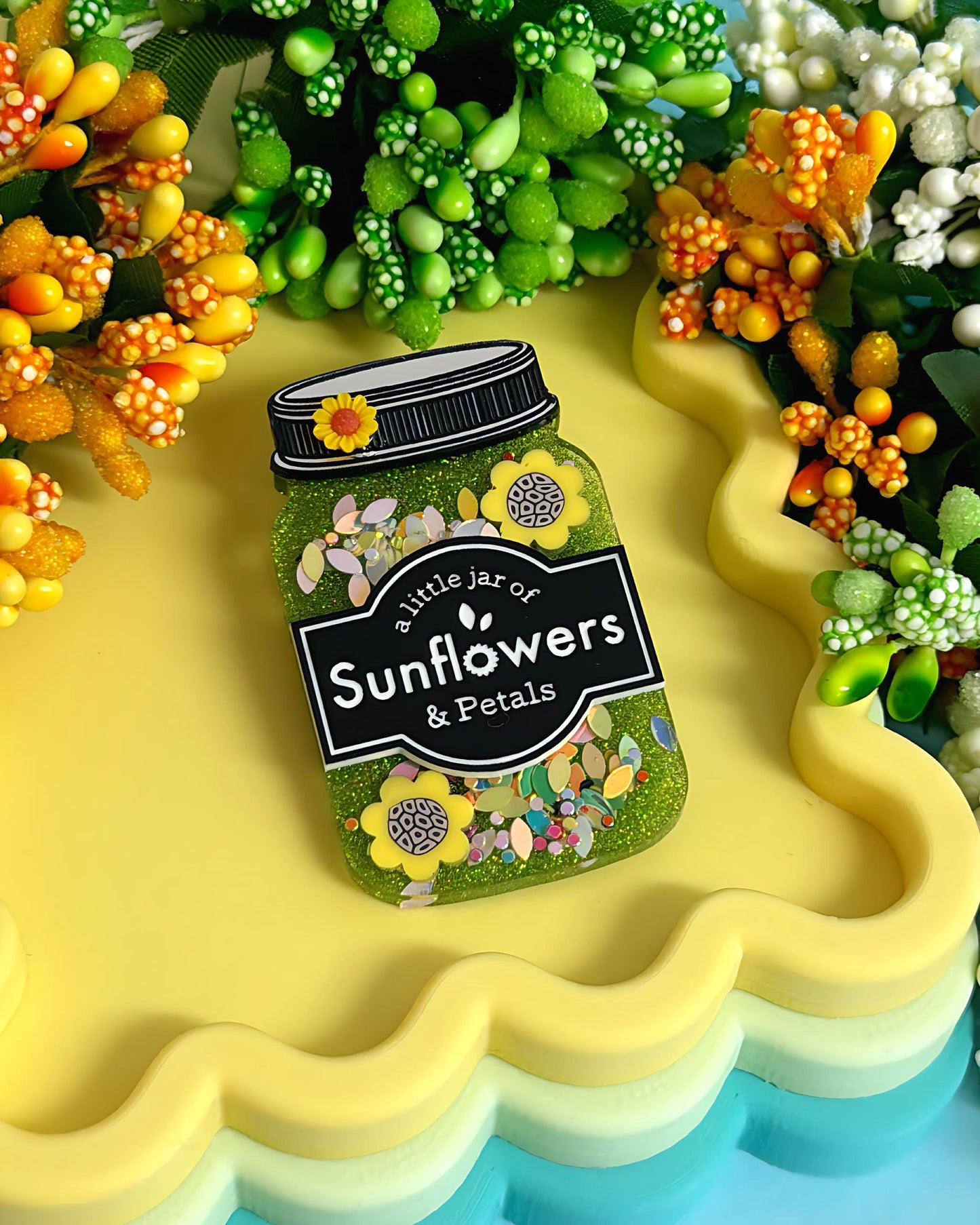 A LITTLE JAR OF : SUNFLOWERS & PETALS : Handmade Resin & Acrylic BROOCH