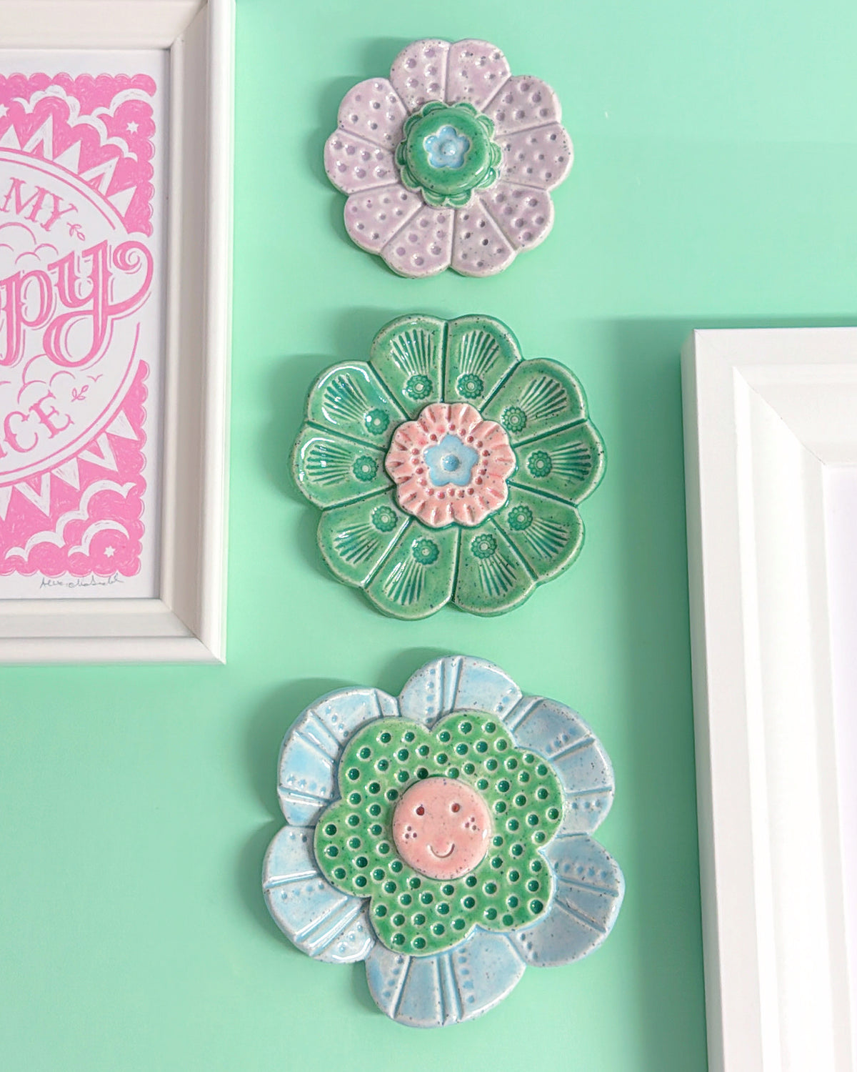 Mint Green 💚 Pink & Baby Blue WALLFLOWERS Wall Art : Choose your design : Handmade Ceramic Ornaments by Jo Kealley
