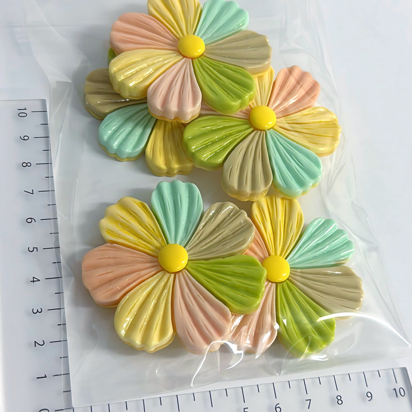 5 x 55mm PASTEL RAINBOW Flowers would make great brooch Resin components : Destash item