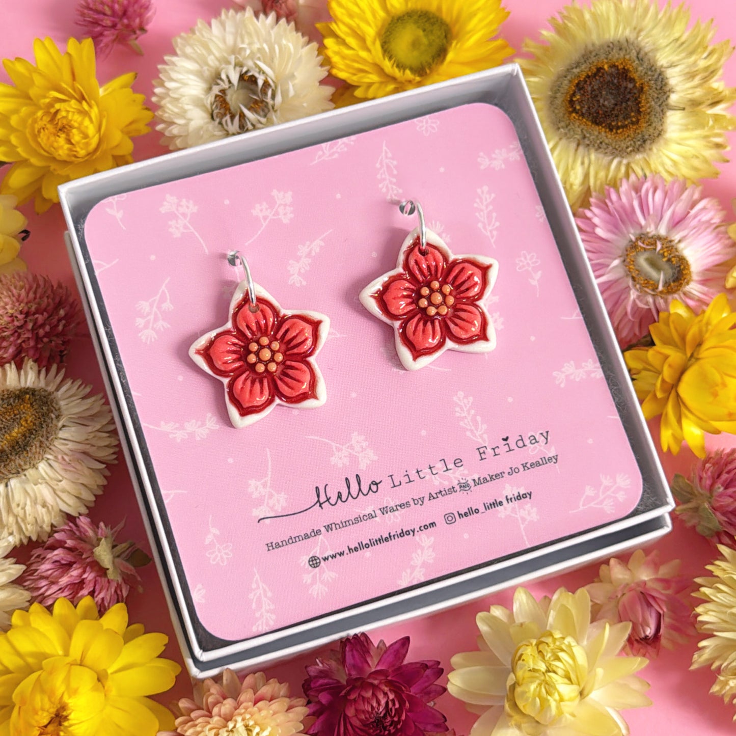 BUTTERCUPS Rose Pink & Ruby ~ PORCELAIN Drop Earrings Handmade by Jo Kealley