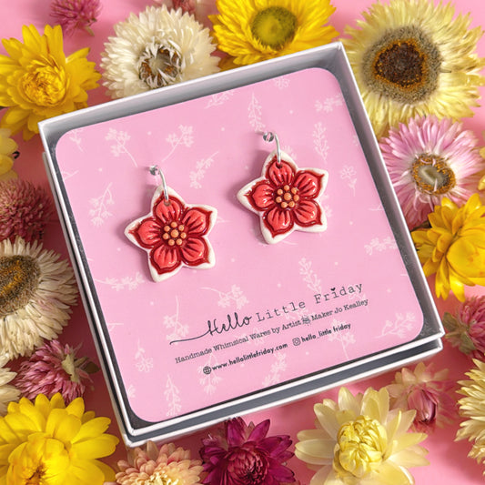 BUTTERCUPS Rose Pink & Ruby ~ PORCELAIN Drop Earrings Handmade by Jo Kealley