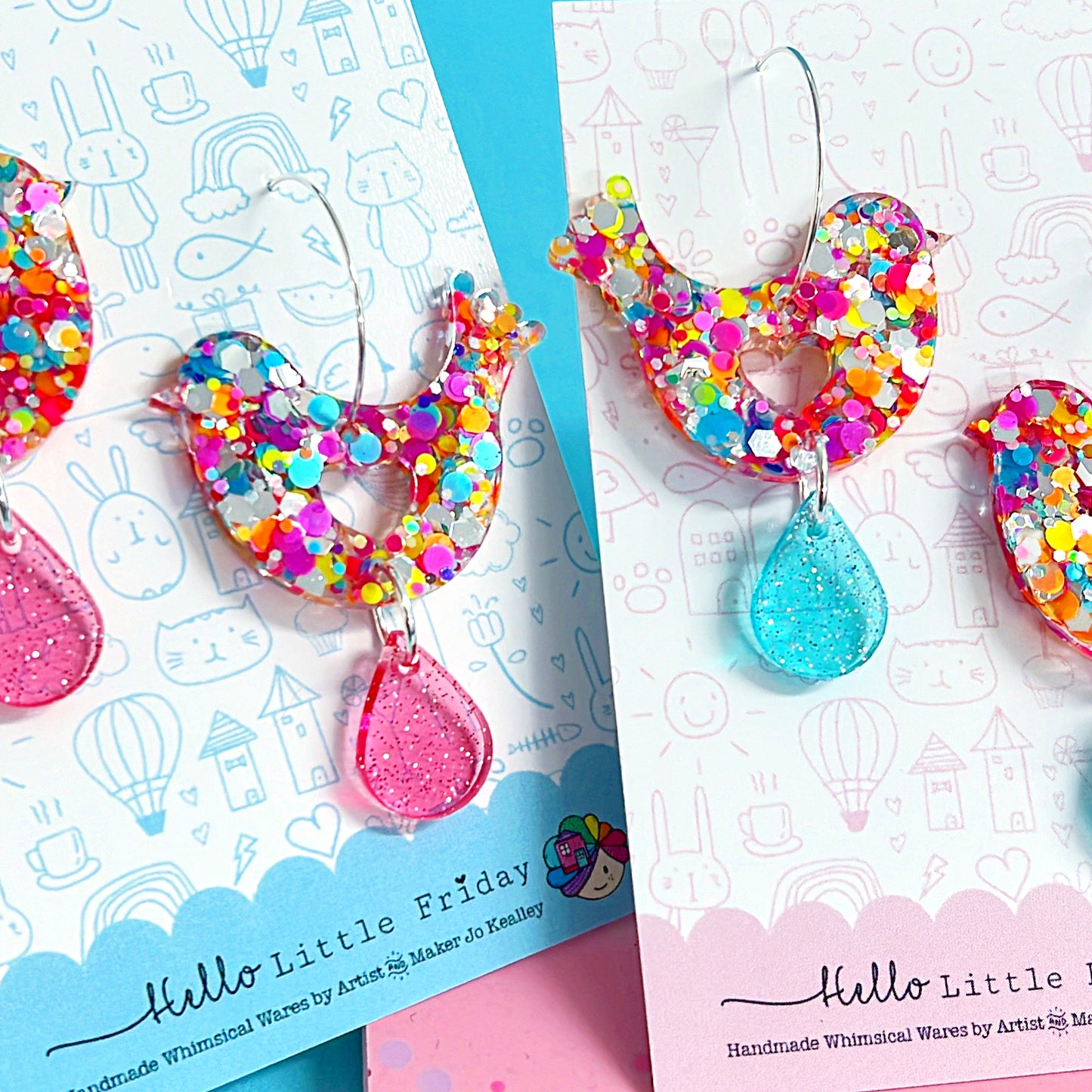 CONFETTI RAINBOW BLUEBIRDS OF HAPPINESS : Choose your colour : Handmade Holographic DROP Resin Earrings