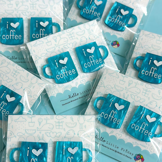 I LOVE COFFEE : BLUE : Handmade Acrylic STUDS