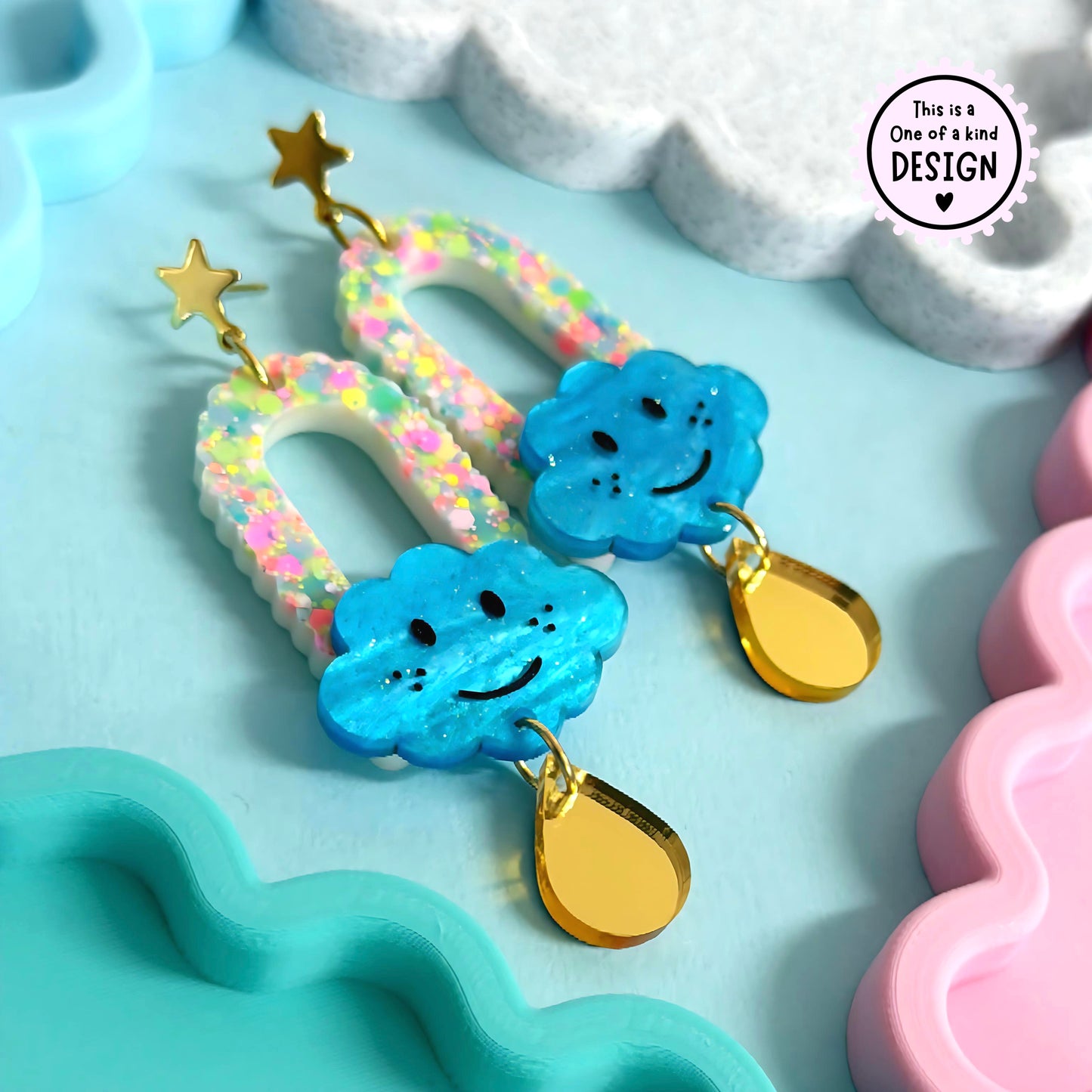 One of a Kind : HAPPY CLOUDS : Handmade Resin & Acrylic DROP Earrings