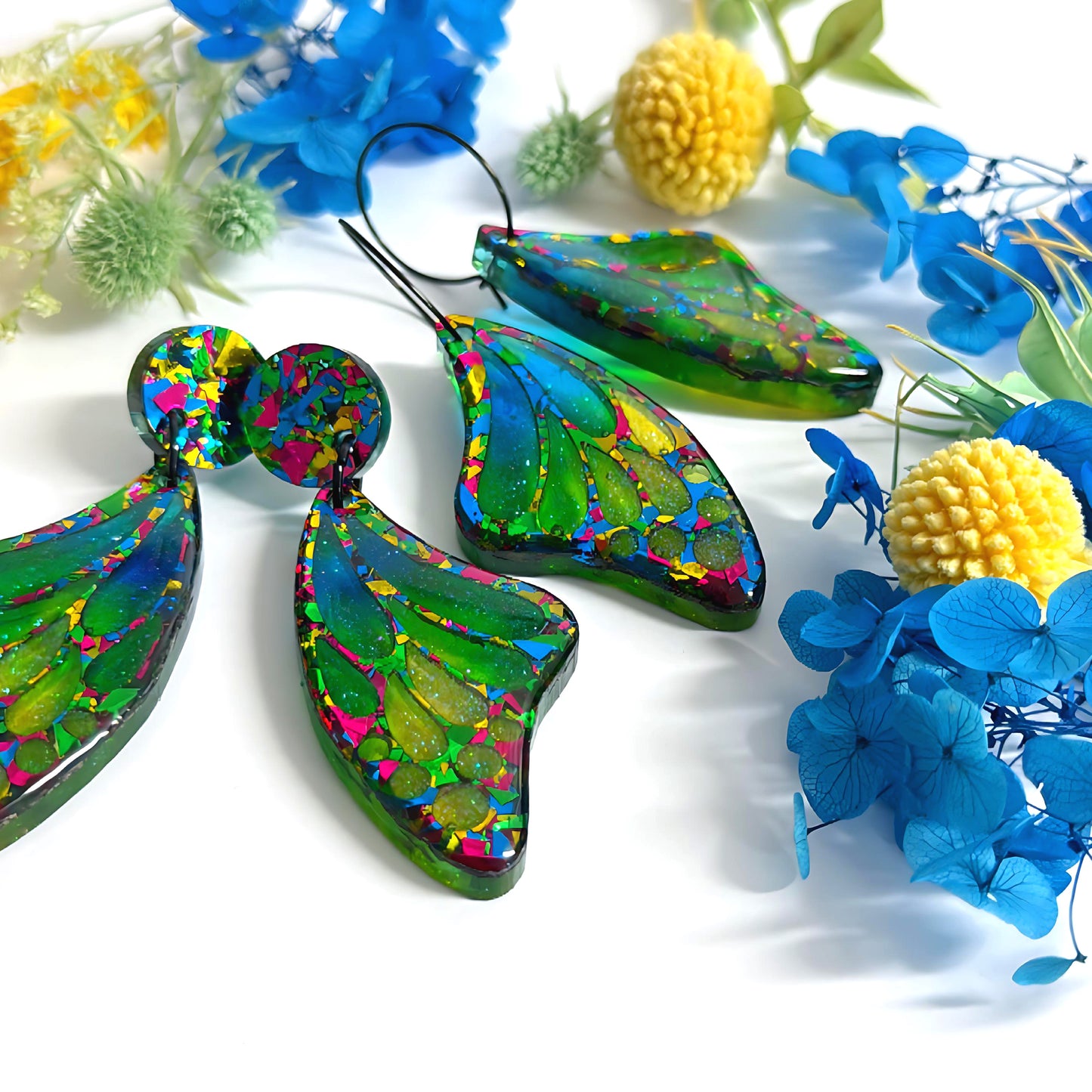 STAINED GLASS EFFECT MAGICAL RAINBOW WINGS : Butterfly Fairy : Handmade Holographic Resin & Acrylic DROP Earrings