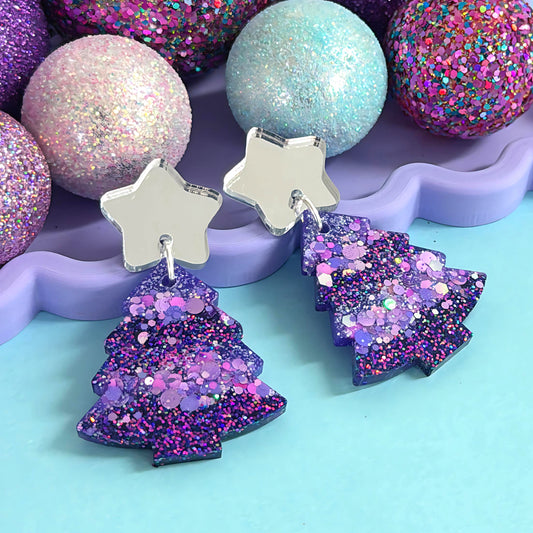TWINKLING LIGHTS 
: VIOLET CHRISTMAS TREES : Handmade Resin & Acrylic Stud-top DROP Earrings