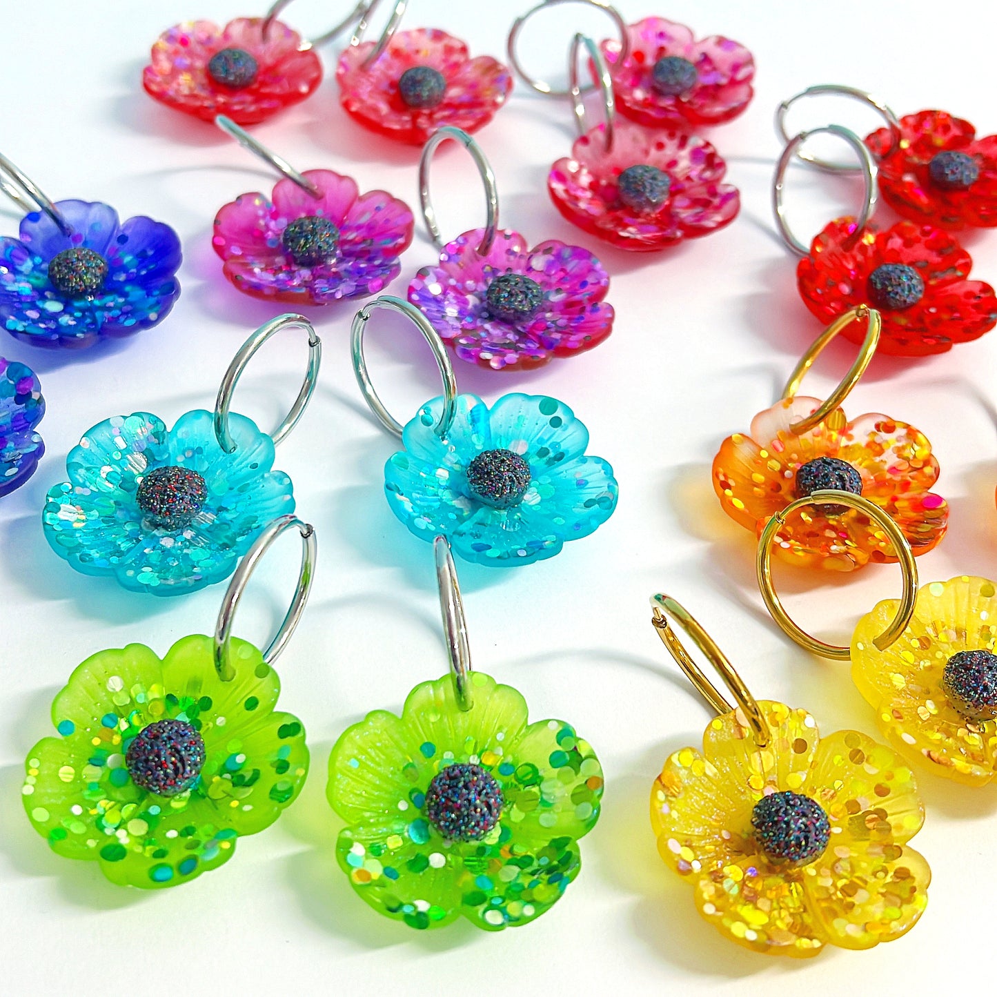 CONFETTI POPPIES : Choose your colour : Handmade Resin Drop Earrings on Huggie Hoops
