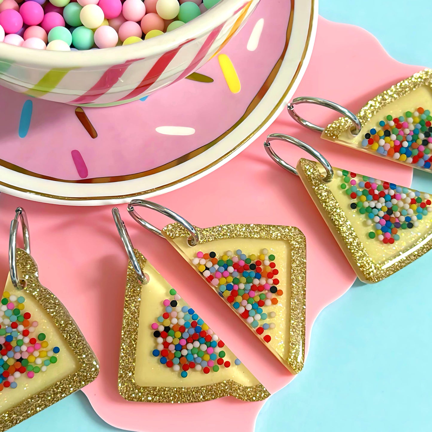 RAINBOW SPRINKLE FAIRYBREAD : Choose SILVER or GOLD hoops : Handmade Resin DROP Earrings