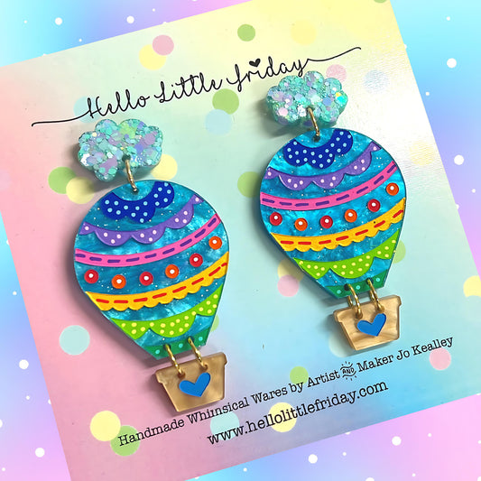 LET’S FLY AWAY : SKY BLUE SHIMMER HOT HAIR BALLOONS : Handmade Resin & Acrylic Drop Earrings