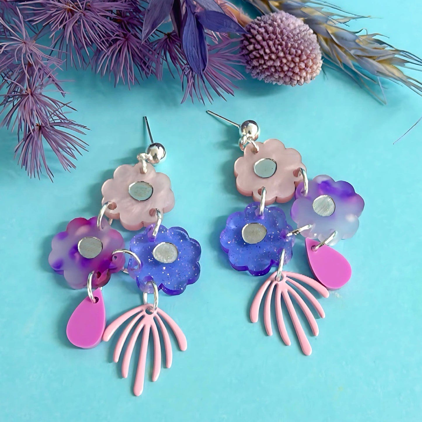 BEAUTIFUL BOUQUETS : Violets : Handmade Handpainted Acrylic DROP Earrings