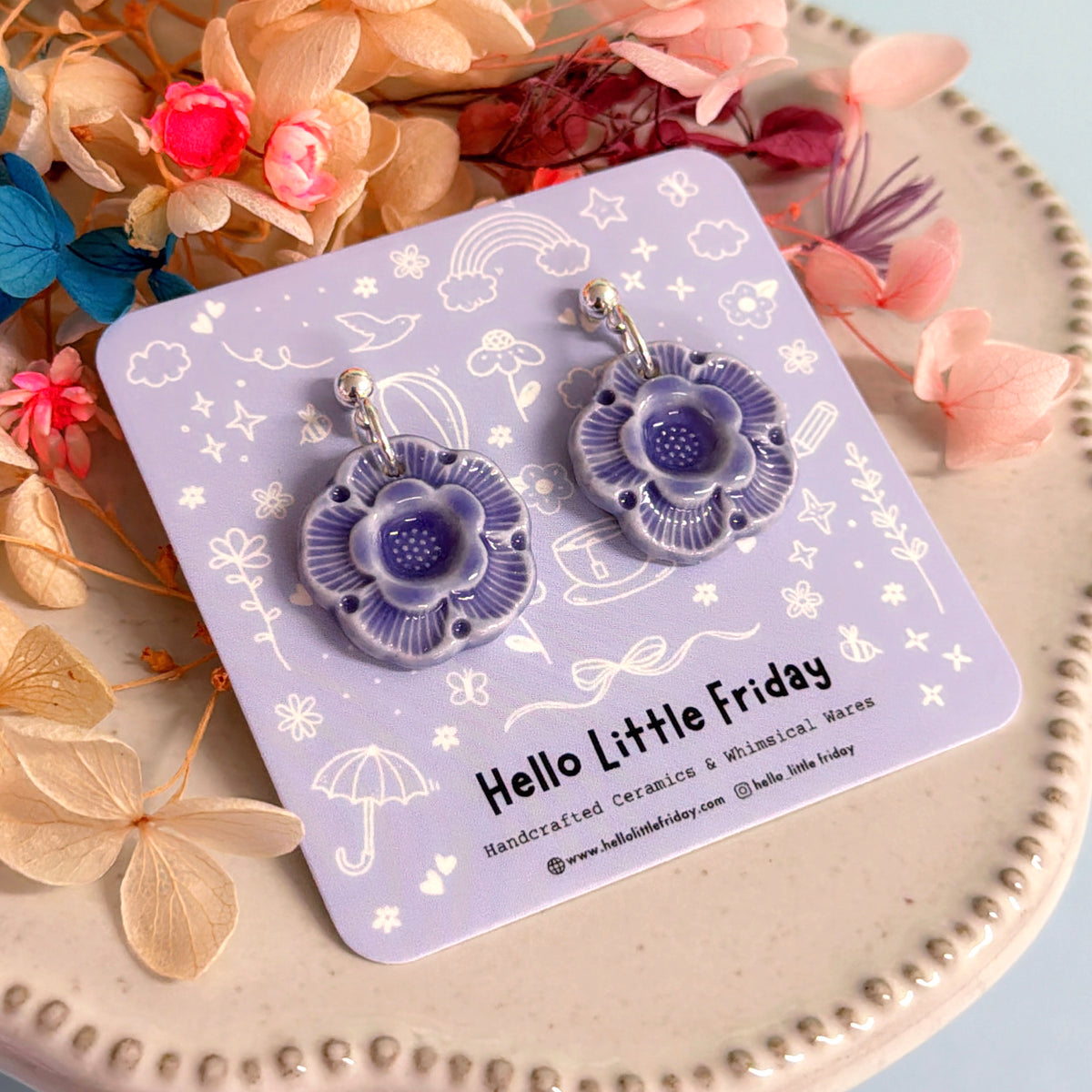 One of a kind Violet Rose: Petite PORCELAIN Drop Earrings Handmade by Jo Kealley