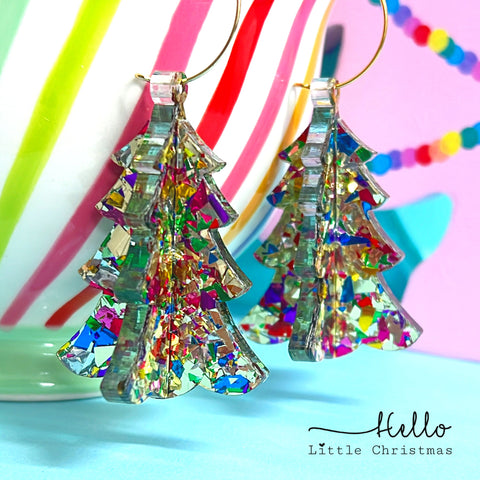 3D STAINED GLASS CHRISTMAS TREE : GOLDEN RAINBOW : Handmade Acrylic DROP Earrings