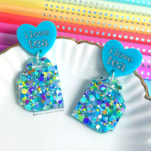 I LOVE TEA : Handmade Stud-top Resin & Acrylic DROP Earrings