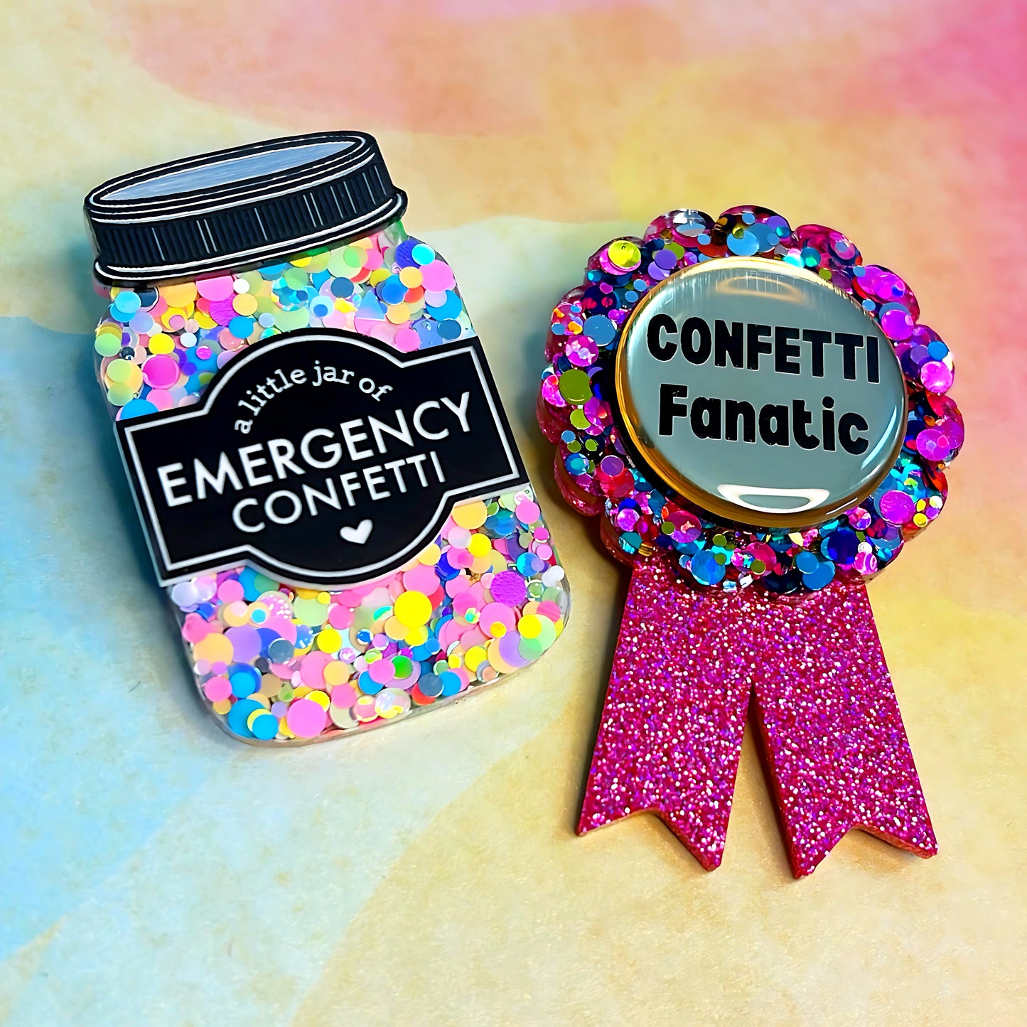 HELLO LITTLE AWARD :  CONFETTI FANATIC : Handmade Resin & Acrylic BROOCH