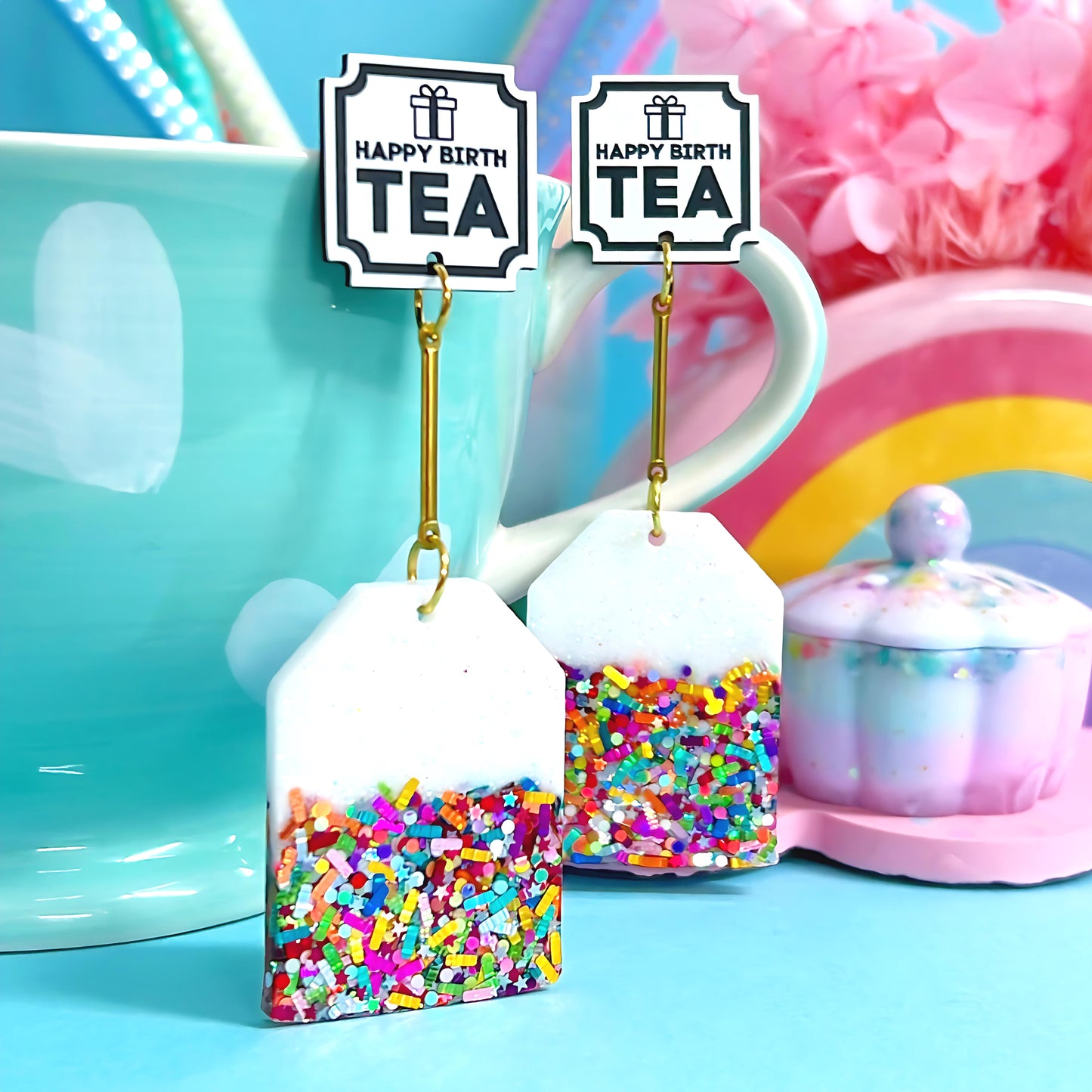 HAPPY BirthTEA : Birthday Tea : Handmade Resin & Acrylic Stud-top DROP Earrings