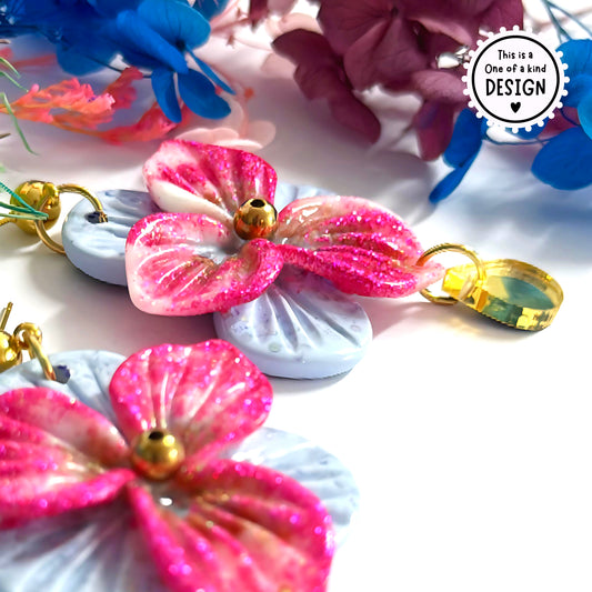 One of a Kind : 3D PANSIES with handset Brass centres : Handmade Resin DROP Earrings