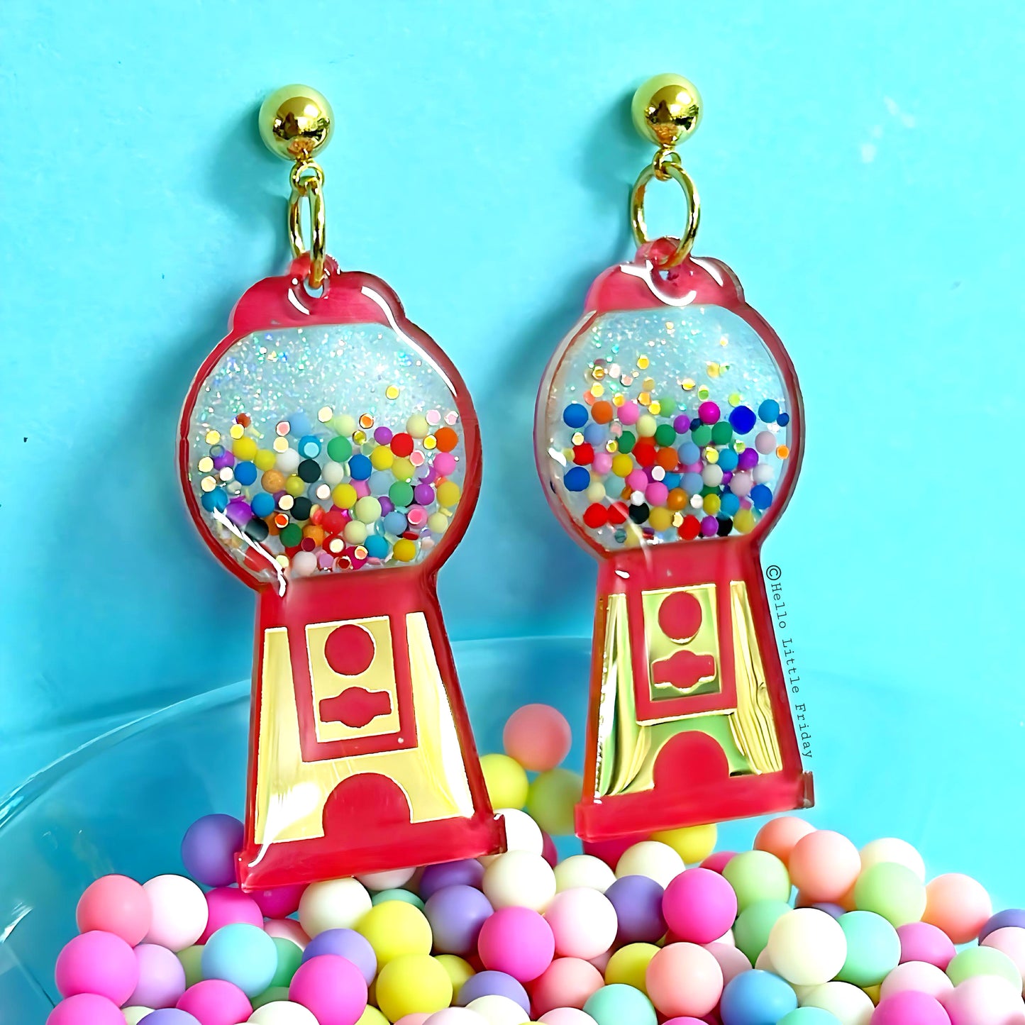 YUM YUM BUBBLEGUM : Golden glow & ruby red : Handmade Stud-top Resin & Acrylic DROP Earrings