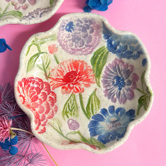 BOTANICA CERAMICA ~ Zinnias Bloom Plates : Choose your size : Handmade Ceramic Treats & Tapas Dishes by Jo Kealley