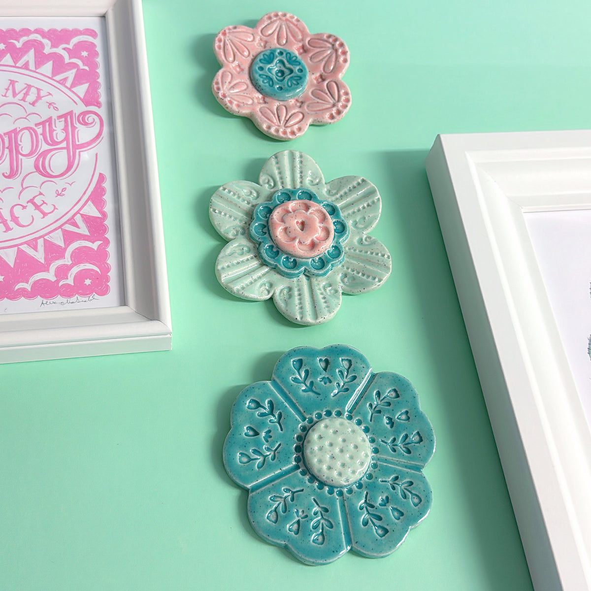 Pink 🩷 Mint & Teal WALLFLOWERS Wall Art : Choose your design : Handmade Ceramic Ornaments by Jo Kealley