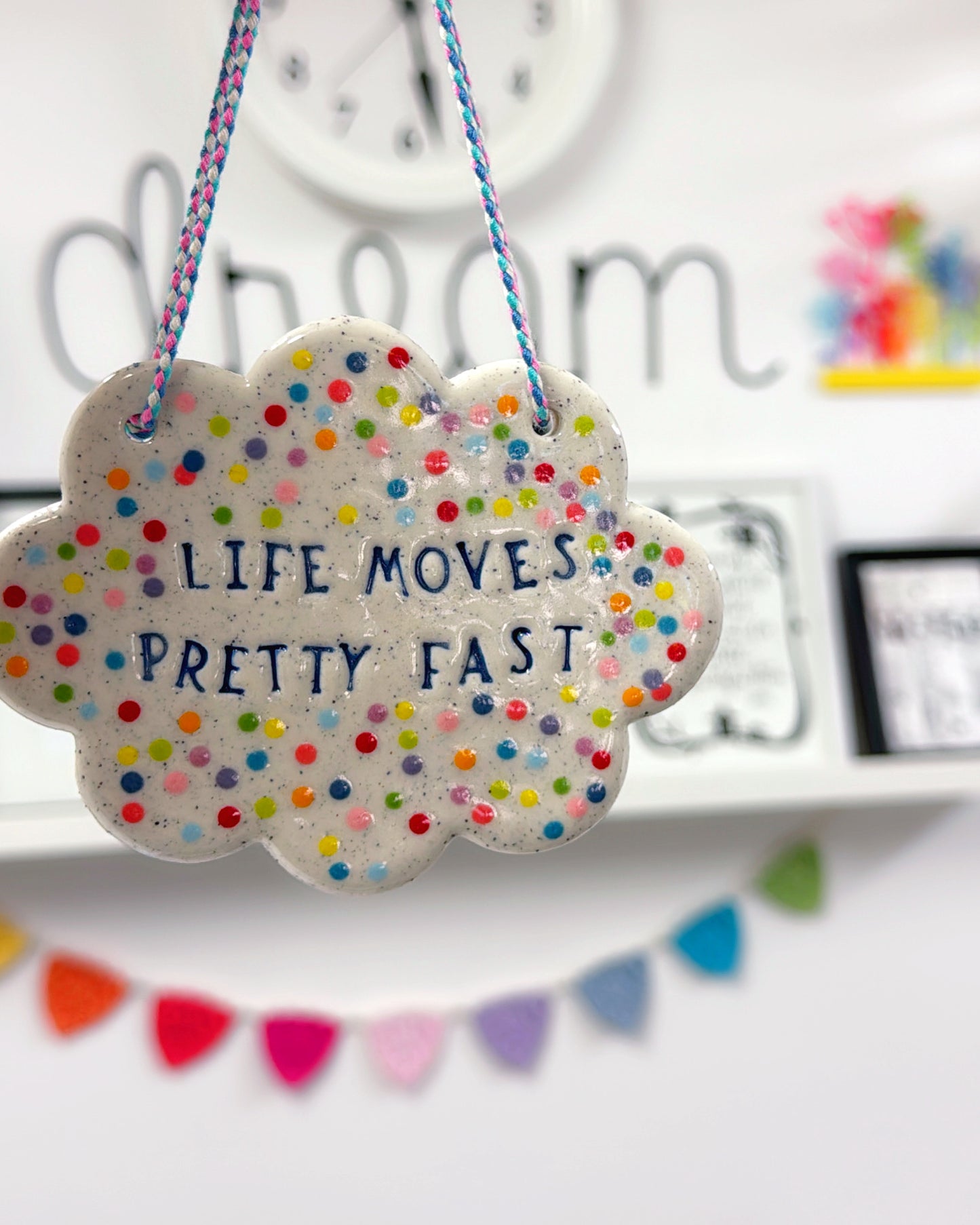 LIFE MOVES PRETTY FAST Wall Art : One of a kind : Handmade Ceramic Ornament by Jo Kealley