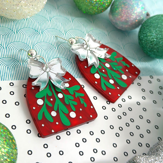 CHRISTMAS MISTLETOE : Handpainted Acrylic Drop Earrings