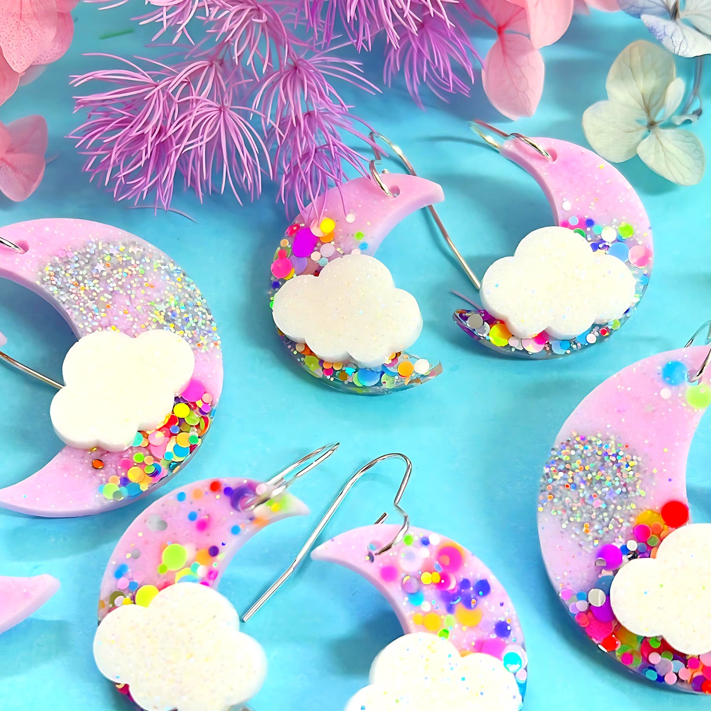 MARSHMALLOW CONFETTI  MOON : Choose medium or large : Handmade Resin DROP Earrings