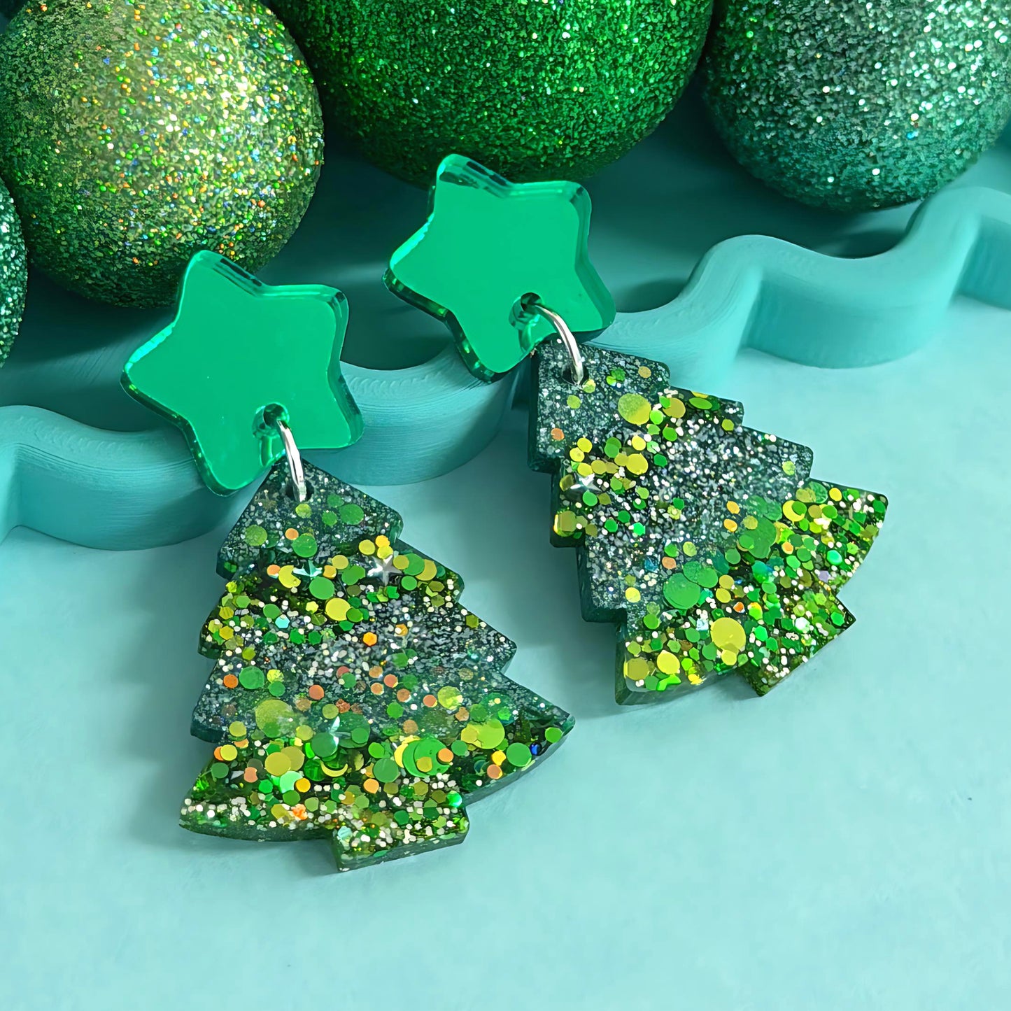 TWINKLING LIGHTS  : EMERALD CHRISTMAS TREES : Handmade Resin & Acrylic Stud-top DROP Earrings