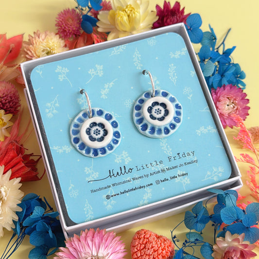 RUFFLE BLOSSOMS Indigo Blue ~ PORCELAIN Drop Earrings Handmade by Jo Kealley