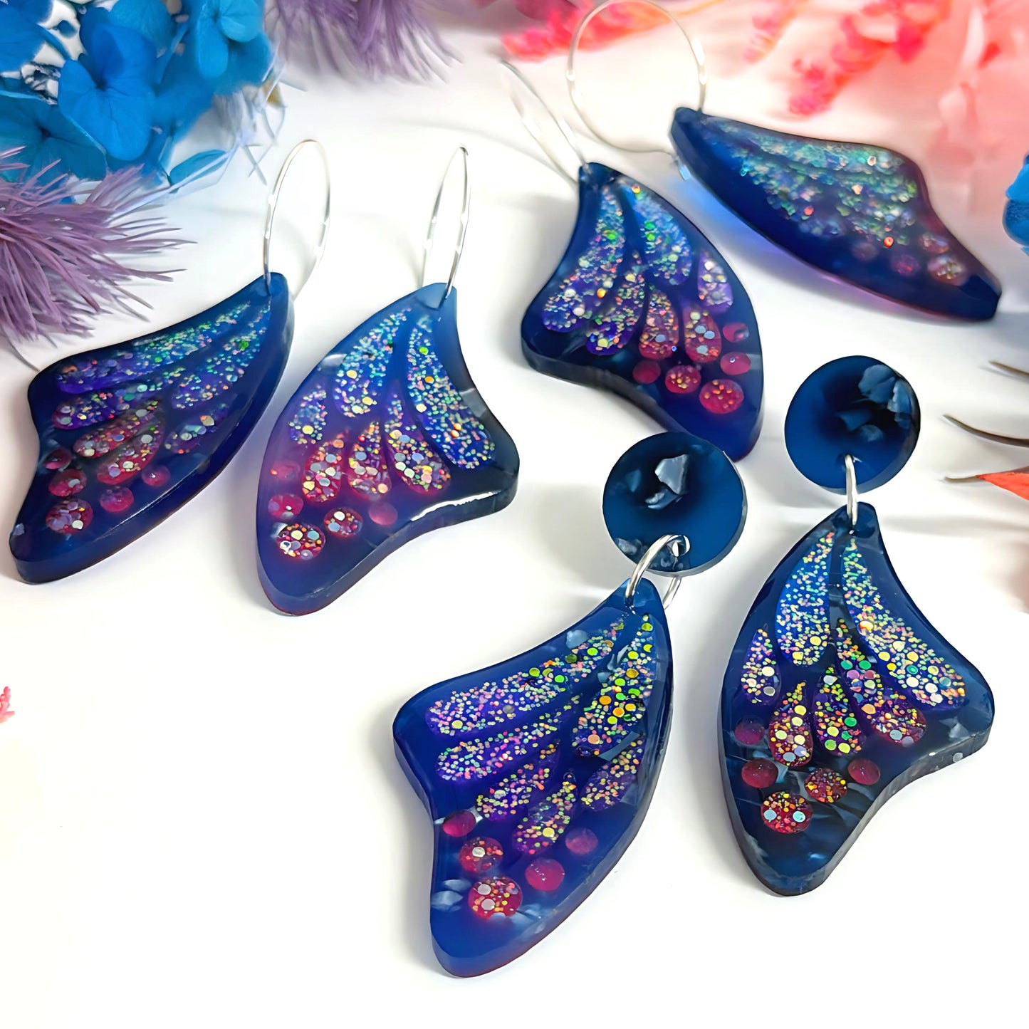 STAINED GLASS EFFECT IRIDESCENT WINGS : Butterfly Fairy : Handmade Holographic Resin & Acrylic DROP Earrings