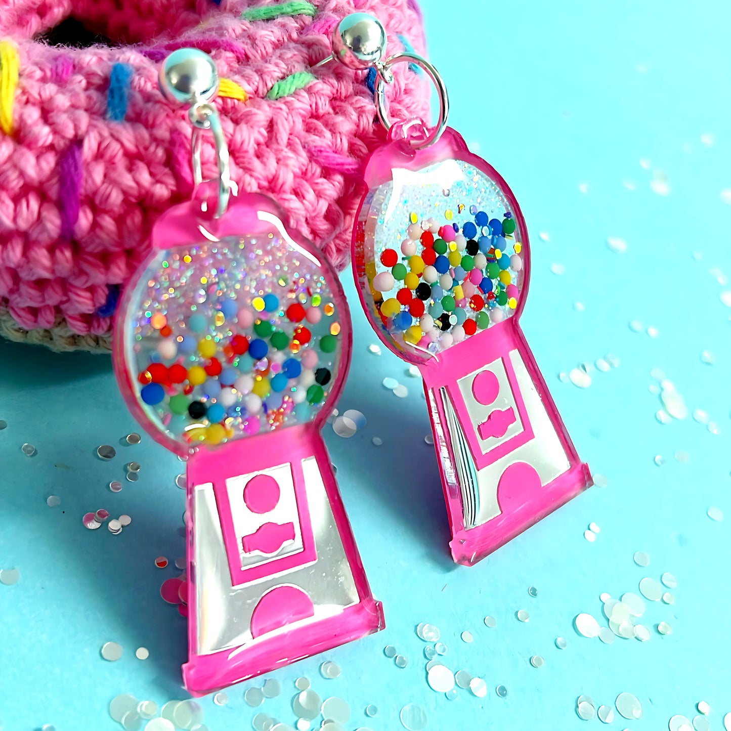 YUM YUM BUBBLEGUM : Shiny silver & pastel : Handmade Stud-top Resin & Acrylic DROP Earrings