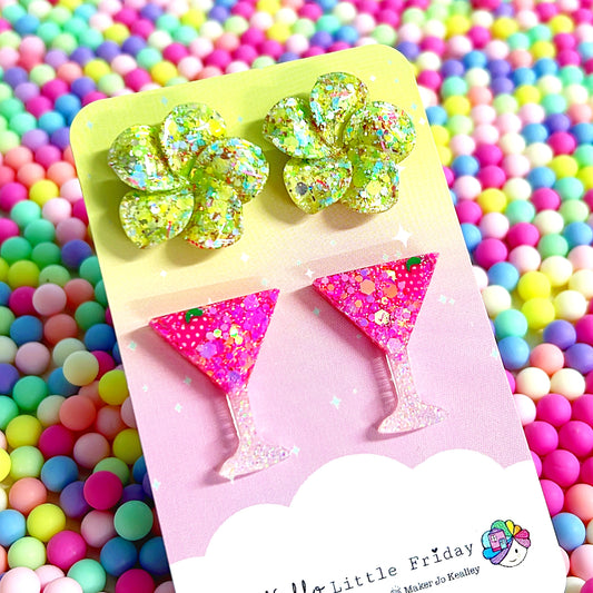 IT’S 5 O’CLOCK SOMEWHERE : Frangipani & Cocktail SET : Handmade Resin STUDS