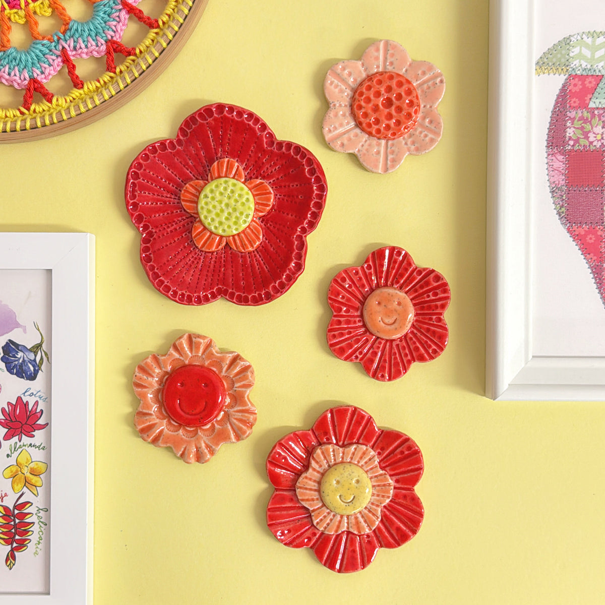💛Yellow 🧡 Orange & Red ❤️ WALLFLOWERS Wall Art : Choose your design : Handmade Ceramic Ornaments by Jo Kealley