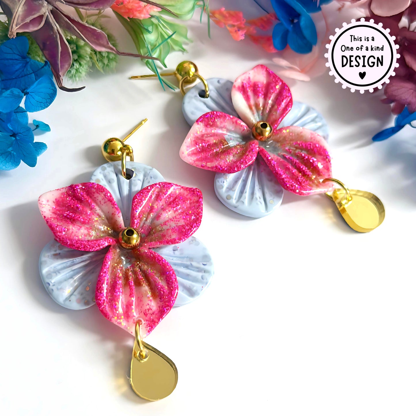 One of a Kind : 3D PANSIES with handset Brass centres : Handmade Resin DROP Earrings