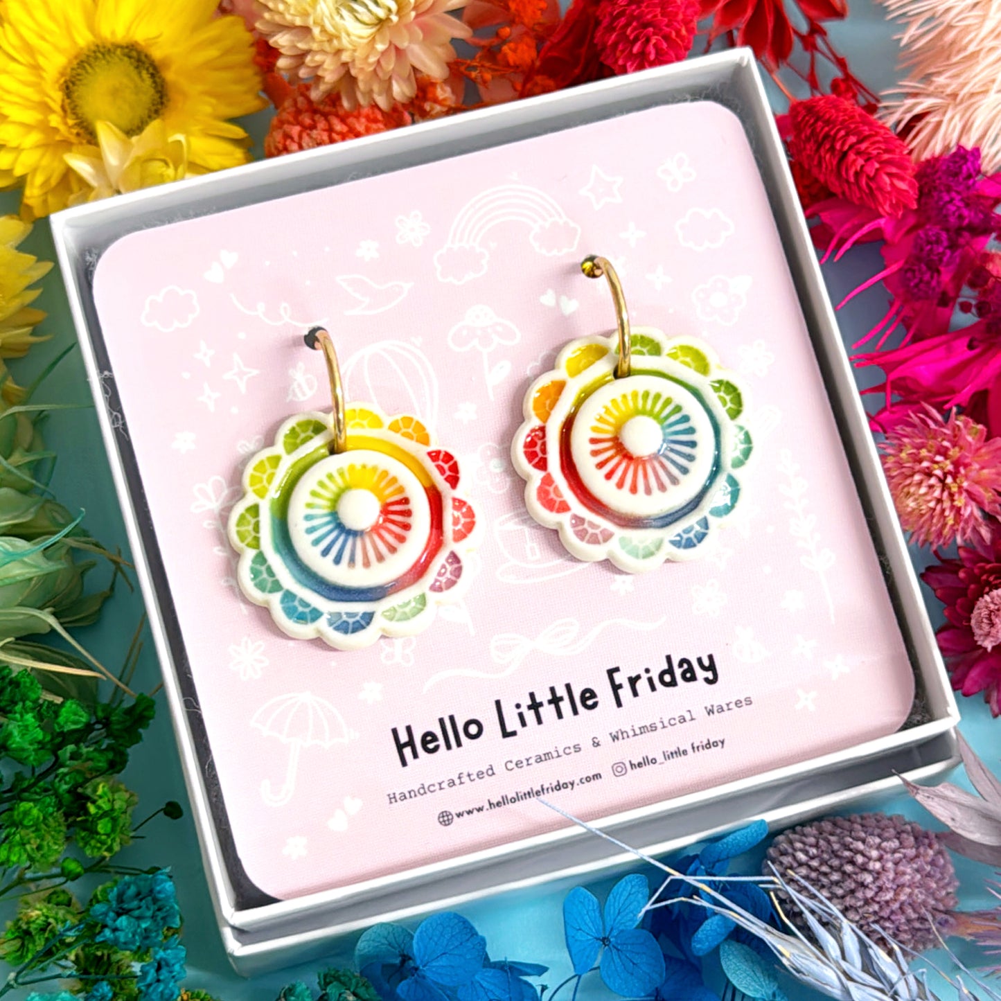 RAINBOW FIELDS : PINWHEELS ~ One of a kind pair : PORCELAIN Drop Earrings Handmade by Jo Kealley