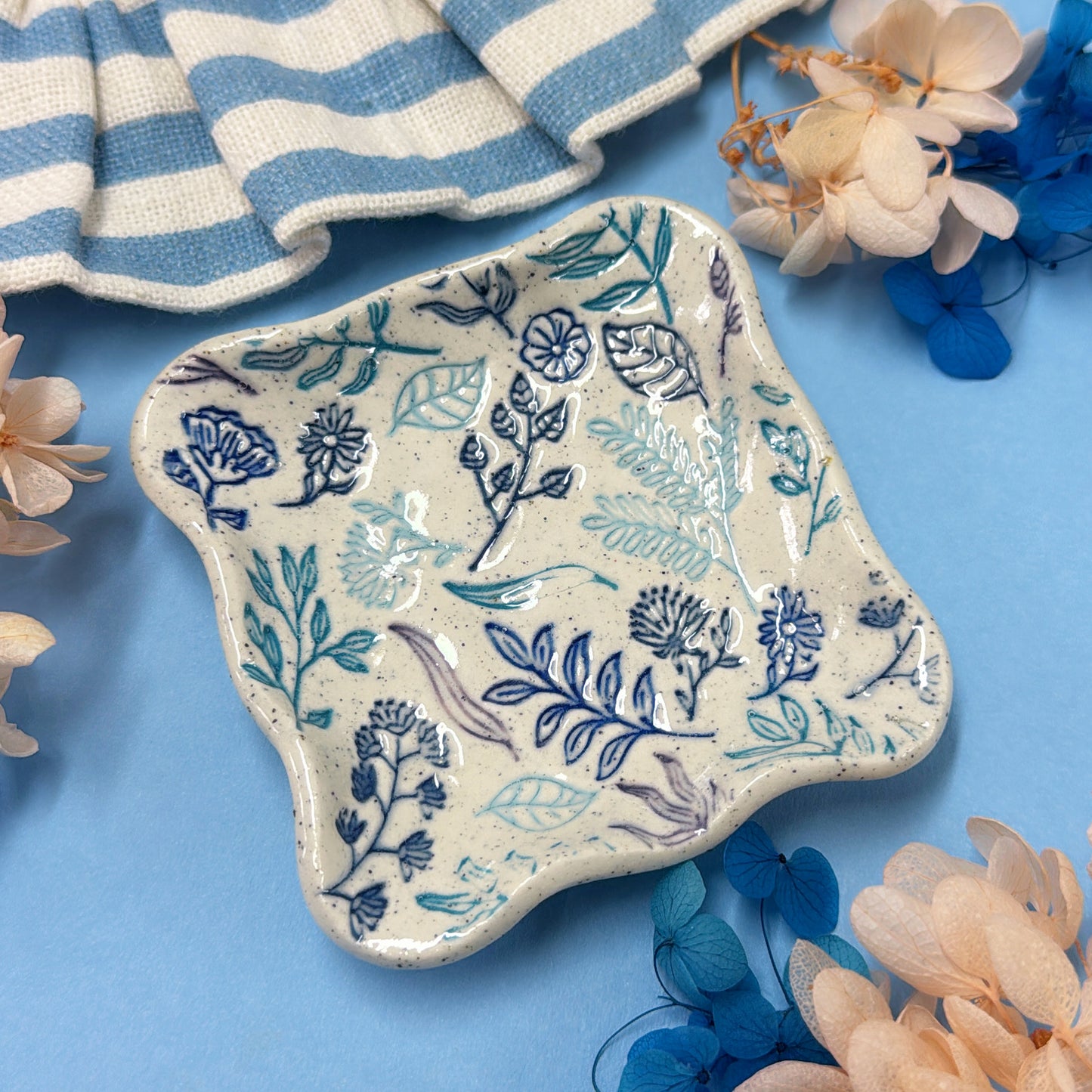JO’S GARDEN 💙 Wave-edge Square Dish 🩵 Handmade Ceramic Treats & Tapas Dish by Jo Kealley