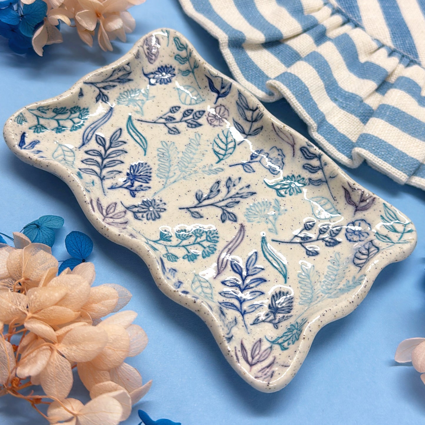 JO’S GARDEN 💙 Wave-edge Rectangular Tray 🩵 Handmade Ceramic Treats & Tapas Dish by Jo Kealley